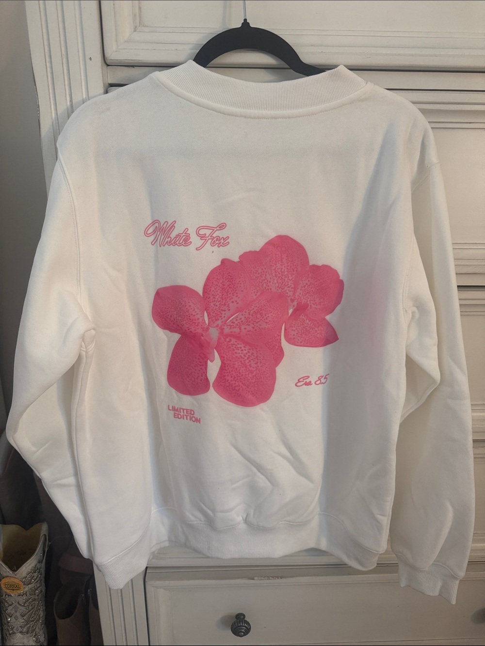 White Fox Crewneck Sweatshirt with Pink Logo - Picture 2 of 3